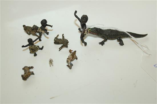 Miniature cold-painted bronze, crocodile biting an African boy, similar dog & boy model & 5 other bronze miniatures